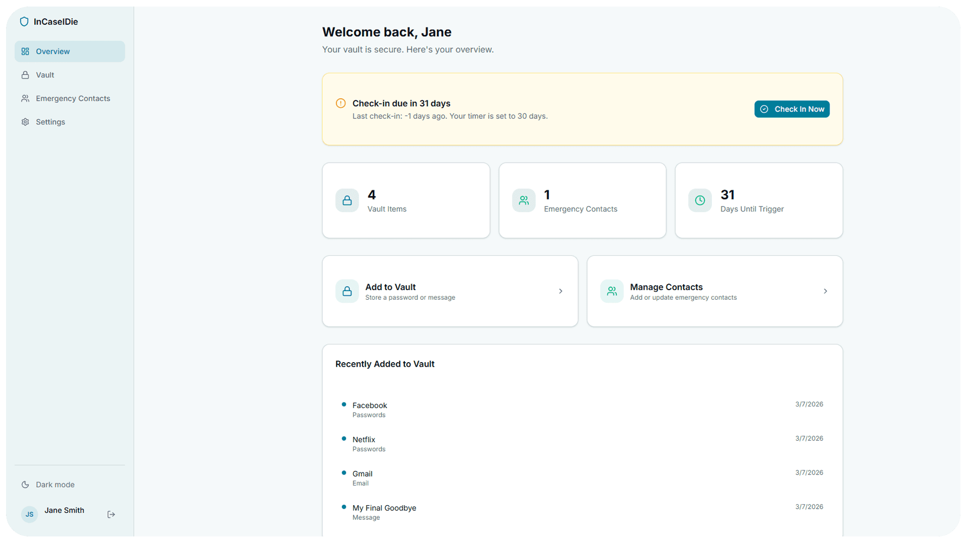 Main dashboard
