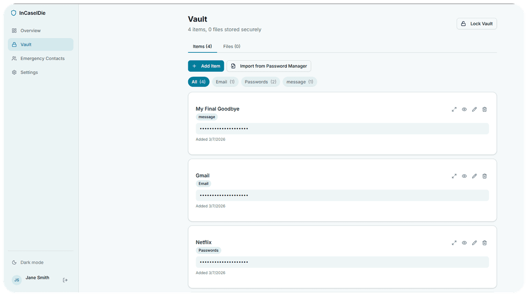 Vault dashboard